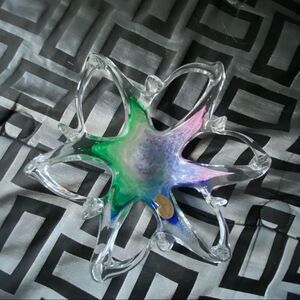 Vintage Crystal Clear Murano Italy Multicolor Blown Art Glass Bowl